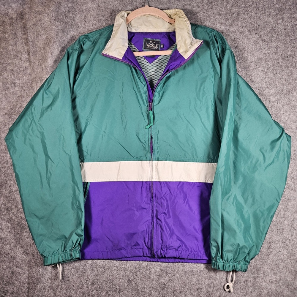 VTG Woolrich Mens Green Purple Colorblock Nylon Windbreaker Hooded Retro Size M